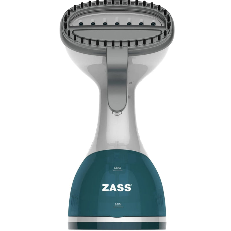 Fier de calcat vertical cu abur Zass, portabil, 1000 W, 0.26 l, 21 g/min, abur rapid 45 sec, include perie blana si statica, buton 2in1 jet aburi, abur continuu, alb si albastru, 230V, cablu 1.8m