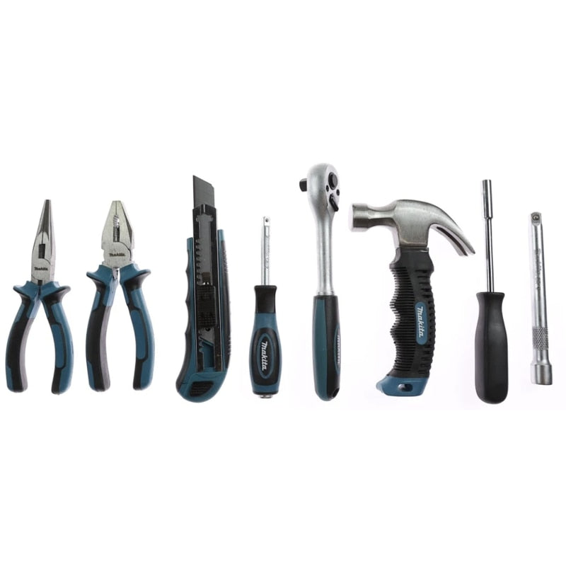 Trusa scule de mana, Makita, 76 piese, material crom vanadiu, cleste combinat, cu varf ascutit, pentru dulgherie, cutter, maner de surubelnita, cheie tubulara, adaptor patrat, articulatie universala