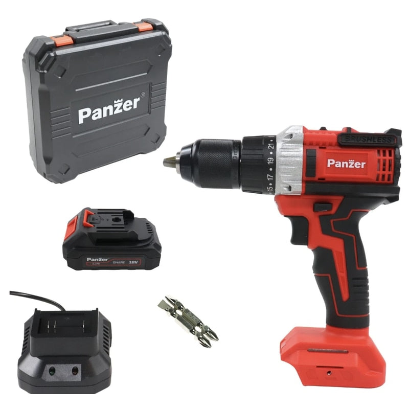 Masina de gaurit si insurubat, cu 1 acumulator, 18 V, 2 Ah, Panzer, 1600 rpm, mandrina rapida, motor fara perii, cu valiza, 13 mm mandarina, 1 incarcator, 1 valiza transport, usor de depozitat, carat