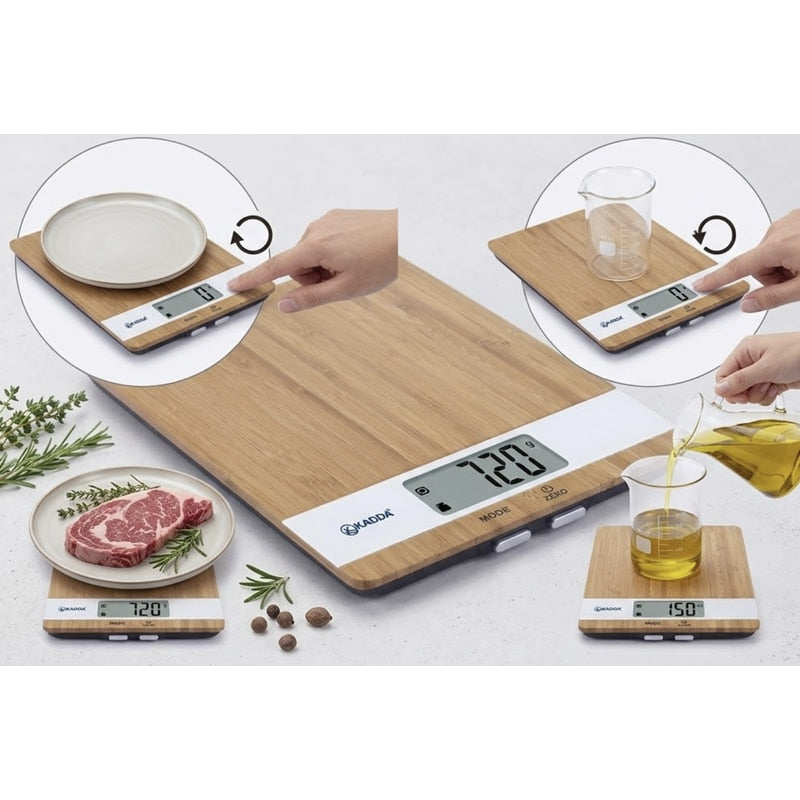Cantar de bucatarie Kadda, capacitate 5 kg, digital, ecran LCD, baterii 2 x AAA, suprafata lemn bambus, semnalizare supraincarcare, maro, 427 g, capacitate 5 kg, eroare de 1 g