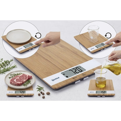 Cantar de bucatarie Kadda, capacitate 5 kg, digital, ecran LCD, baterii 2 x AAA, suprafata lemn bambus, semnalizare supraincarcare, maro, 427 g, capacitate 5 kg, eroare de 1 g