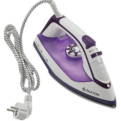 Fier de calcat Paxton, 2500 W, talpa ceramica, 0.3 l, 0.8 g/min, sistem auto-curatare, termostat reglabil, abur vertical, sistem anti-calcar, sistem anti-picurare, alb cu mov, cablu 1.9 m, 1.3 kg