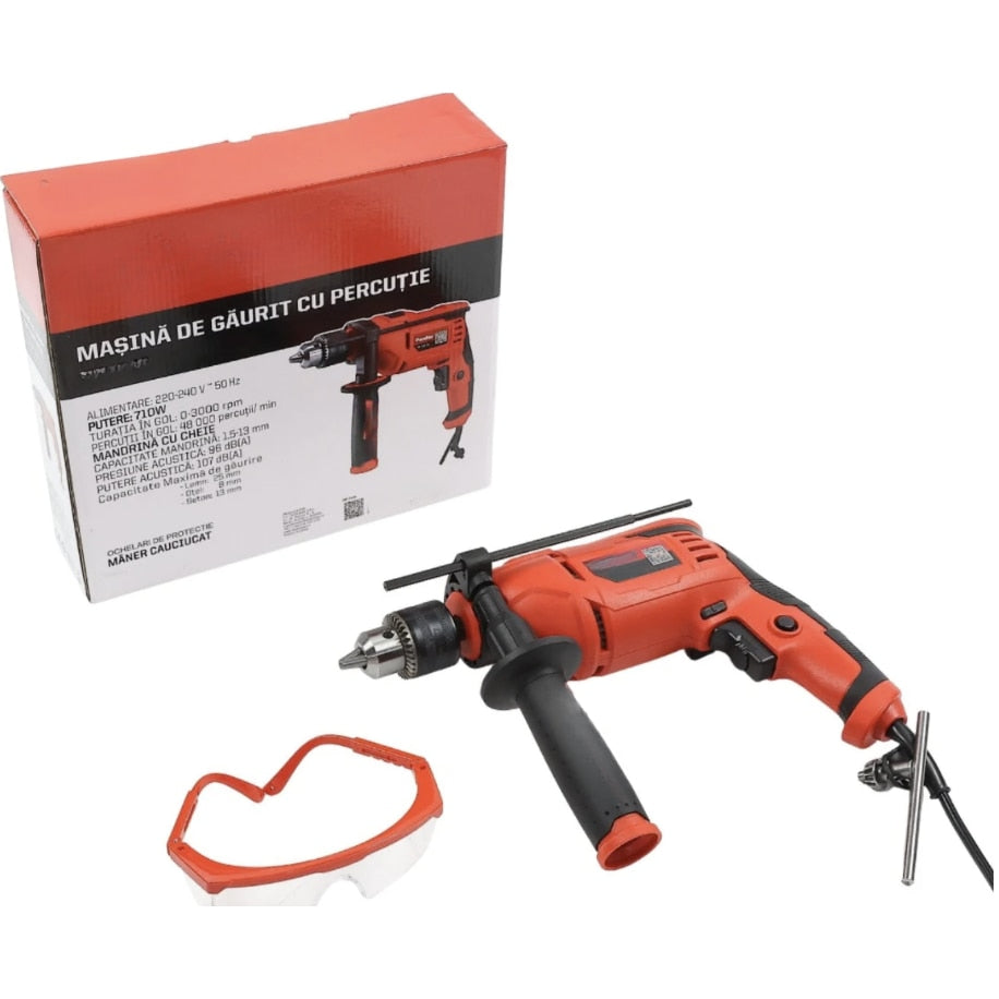 Masina de gaurit cu percutie, cu cablu, 710 W, 3000 rpm, mandrina cu cheie de la 1.5 pana la13 mm, gaurire beton 13mm, otel 8mm, lemn 25mm, 230V