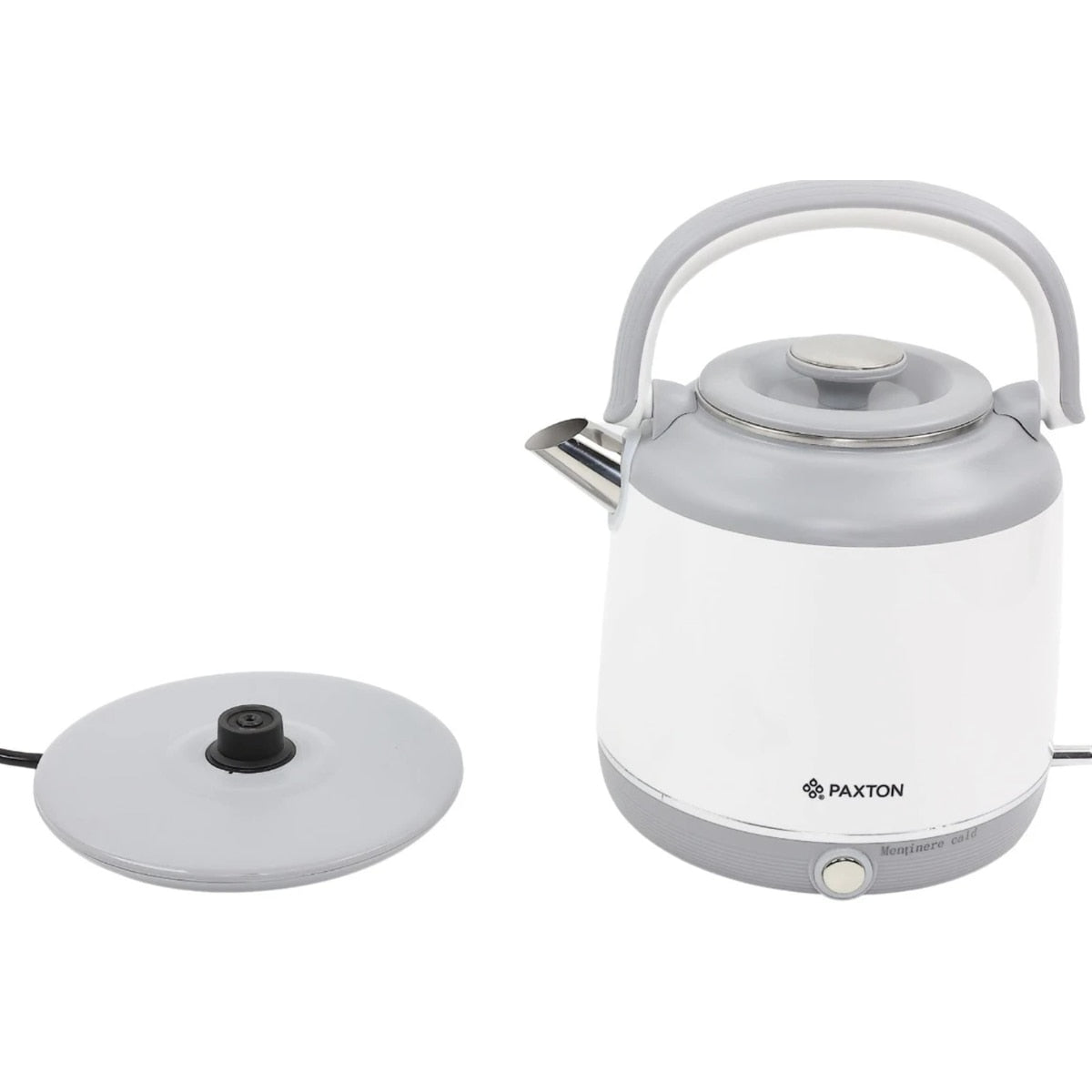 Fierbator apa electric, Paxton, 1800 W, 1.8 litri, baza rotativa de 360 grade, oprire automata, mentinere cald, maner ergonomic, marcaj nivel apa, indicator LED, alb gri, 1.2 kg, 25x19x29 cm, 230V