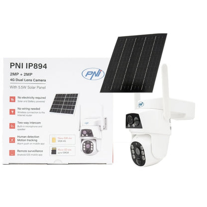 Camera de supraveghere smart, inteligenta PNI, 2MP si 2MP, Full HD, SIM 4G, IP66, panou solar 5.5 W, acumulator 8000 mAh, microfon, difuzor, Pan Tilt, alb, exterior