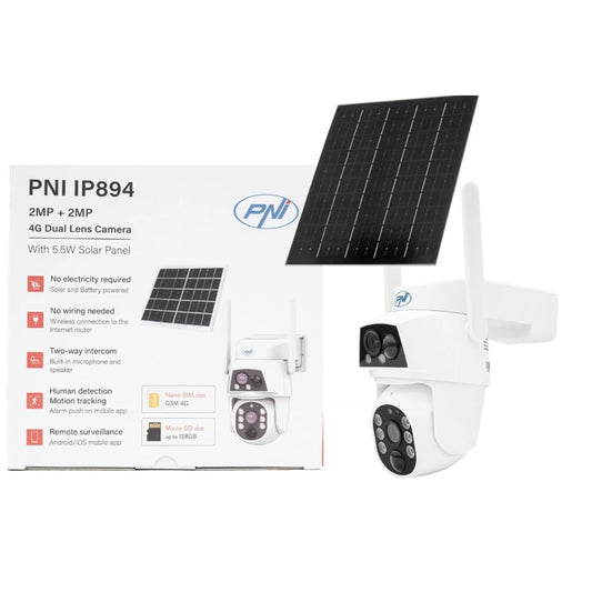 Camera de supraveghere smart, inteligenta PNI, 2MP si 2MP, Full HD, SIM 4G, IP66, panou solar 5.5 W, acumulator 8000 mAh, microfon, difuzor, Pan Tilt, alb, exterior