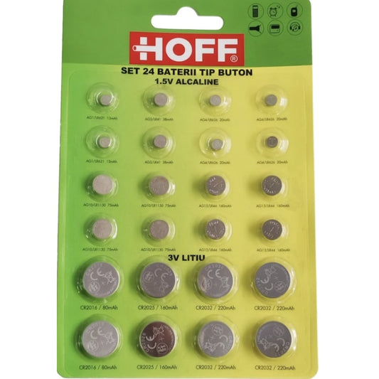 Set 24 baterii tip pastila Hoff, alcaline si lithium, diverse tipuri, ambalare blister
