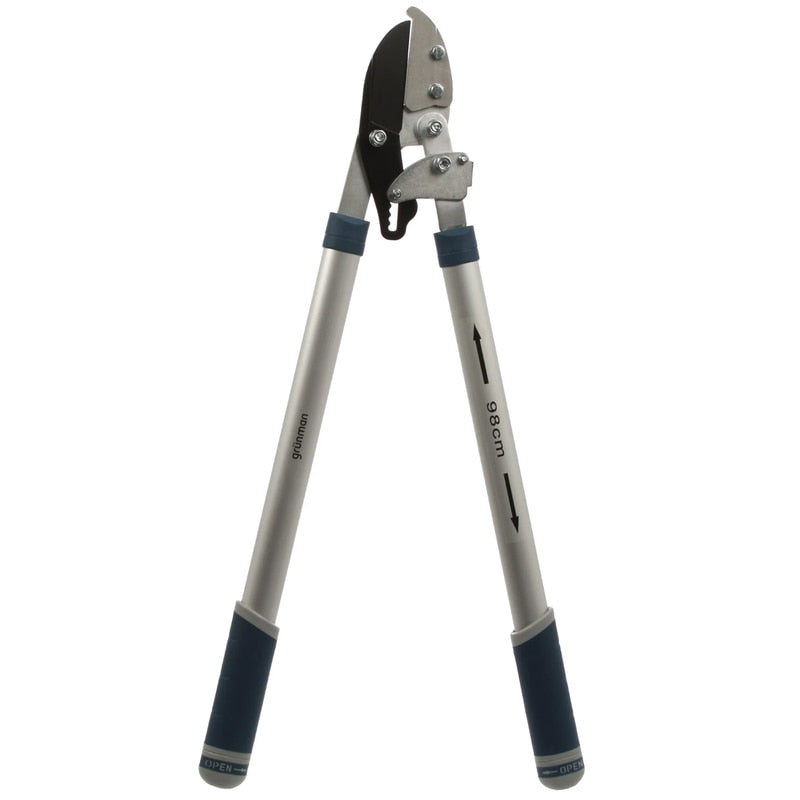 Foarfeca telescopica pentru crengi pomi, de gradina, universala, Grunman, lama otel, 67 x 28.5 x 2.5 cm, 1.5 kg, grosime crengi maxima 3.5 cm, maner aluminiu, cu coada