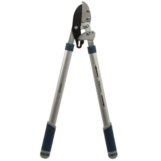 Foarfeca telescopica pentru crengi pomi, de gradina, universala, Grunman, lama otel, 67 x 28.5 x 2.5 cm, 1.5 kg, grosime crengi maxima 3.5 cm, maner aluminiu, cu coada