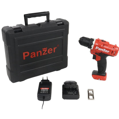 Masina de gaurit si insurubat, cu 1 acumulator inclus, 12 V, 1.5 Ah, Panzer, 1500 rpm, mandrina rapida, cu valiza, 2 trepte viteza