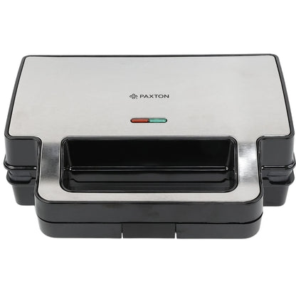 Sandwich maker, Paxton, 1000W, 4 in 1, grill, gofre, sandwich, indicatoare luminoase, carlig de inchidere, depozitare verticala, dimensiune placi de lucru, argintiu negru, antiaderent, 28.5 x 15.3 cm