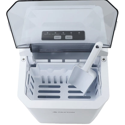 Aparat de facut gheata, Paxton, 100 W, capacitate 1.3 l, capacitate productie cuburi 10.5 kg/24 h, 9 cuburi in 6 min, selectare dimensiune cuburi, indicator lipsa apa, functie de autocuratare, alb