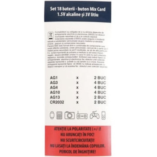 Set 18 baterii tip pastila, Hepol, AG1, AG3, AG4, AG10, AG13, LR41, LR44, LR1130, CR2032, universal, alcalin