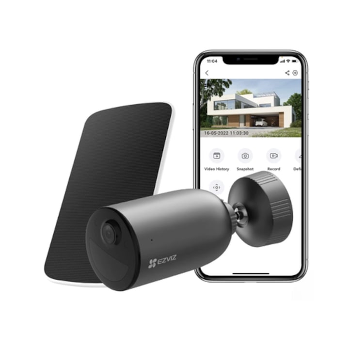 Camera de supraveghere smart, inteligenta EZVIZ, cu panou solar 4.2 W, 3MP, 2K, 4G cartela SIM fara WIFI, microfon, difuzor, negru, exterior, IP65