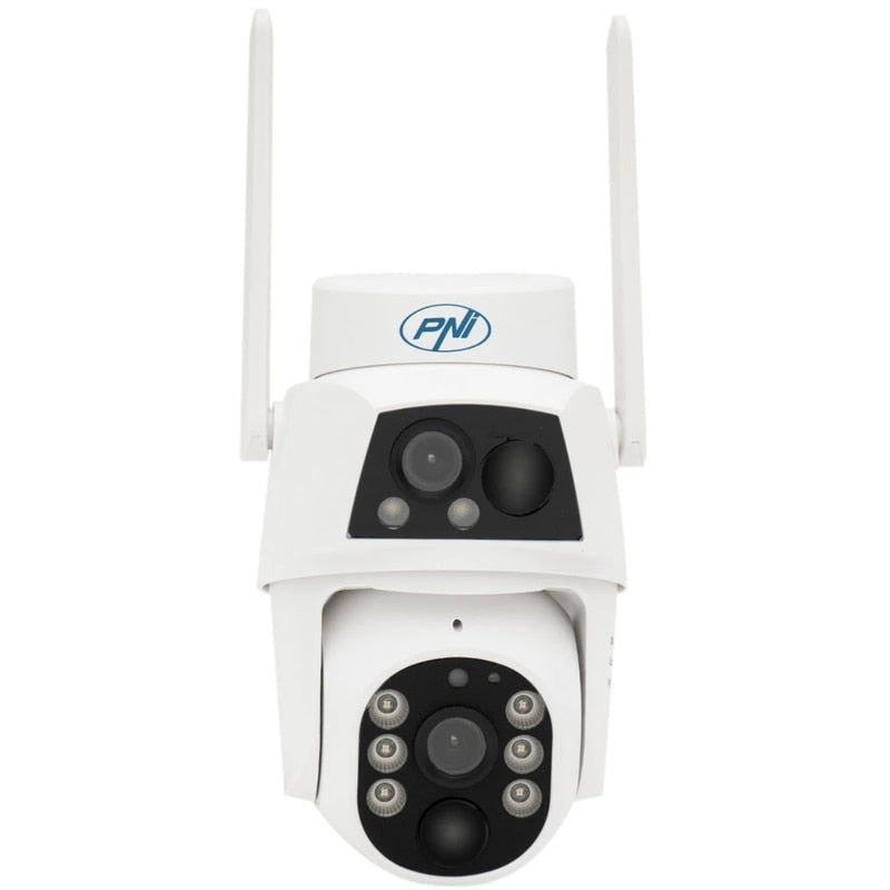 Camera de supraveghere smart, inteligenta PNI, 2MP si 2MP, Full HD, SIM 4G, IP66, panou solar 5.5 W, acumulator 8000 mAh, microfon, difuzor, Pan Tilt, alb, exterior
