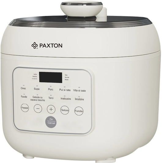 Multicooker, 5 litri, 10 programe presetate, gatit sub presiune, 3 tipuri de textura, functie de pastrare la cald, timer, 1000 W, Paxton, alb