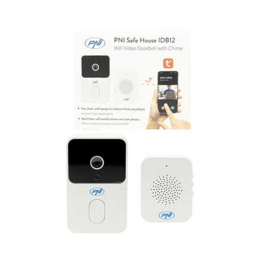 Sonerie video smart, inteligenta PNI, aplicatie telefon TUYA, viziune nocturna, sonerie de interior, usor de instalat, Wi-Fi, IP54, -26 grade pana la +80, exterior, alb