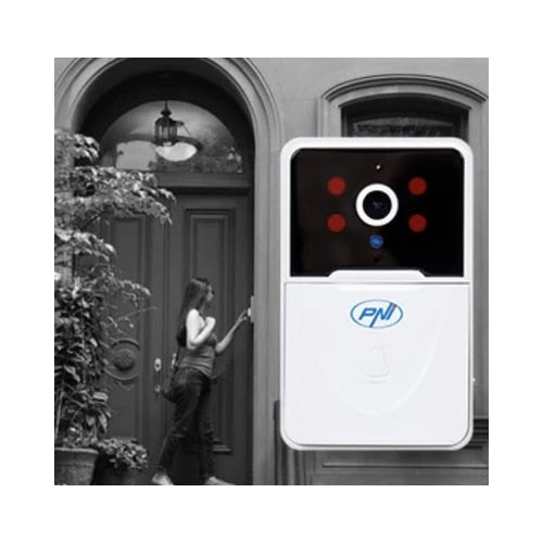 Sonerie video smart, inteligenta PNI, aplicatie telefon TUYA, viziune nocturna, sonerie de interior, usor de instalat, Wi-Fi, IP54, -26 grade pana la +80, exterior, alb