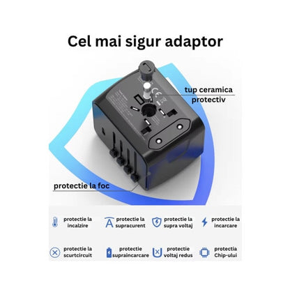 Incarcator de calatorie, universal, adaptor multifunctional cu 2 porturi, 1 priza, 1 USB, 1 USBC, international, SUA, UK, Europa, Australia, 150 tari, 100-250V, 2000W, negru