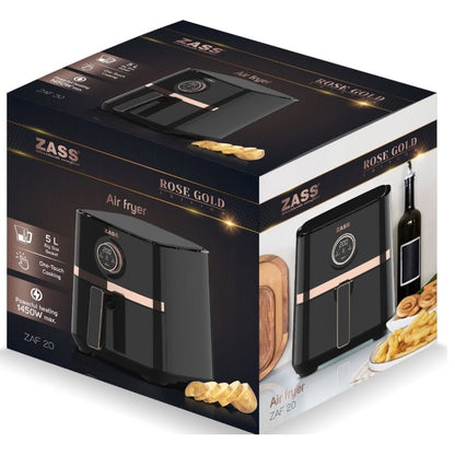 Friteuza cu aer cald, airfryer, Zass, 1450W, 5 litri, 8 programe, oprire automata, digital, vas antiaderent, termostat reglabil, maner termoizolant, negru si auriu, 3.8kg, cablu 0.6m, 27 x 31 x 33 cm