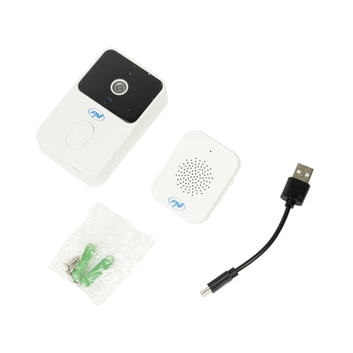 Sonerie video smart, inteligenta PNI, aplicatie telefon TUYA, viziune nocturna, sonerie de interior, usor de instalat, Wi-Fi, IP54, -26 grade pana la +80, exterior, alb