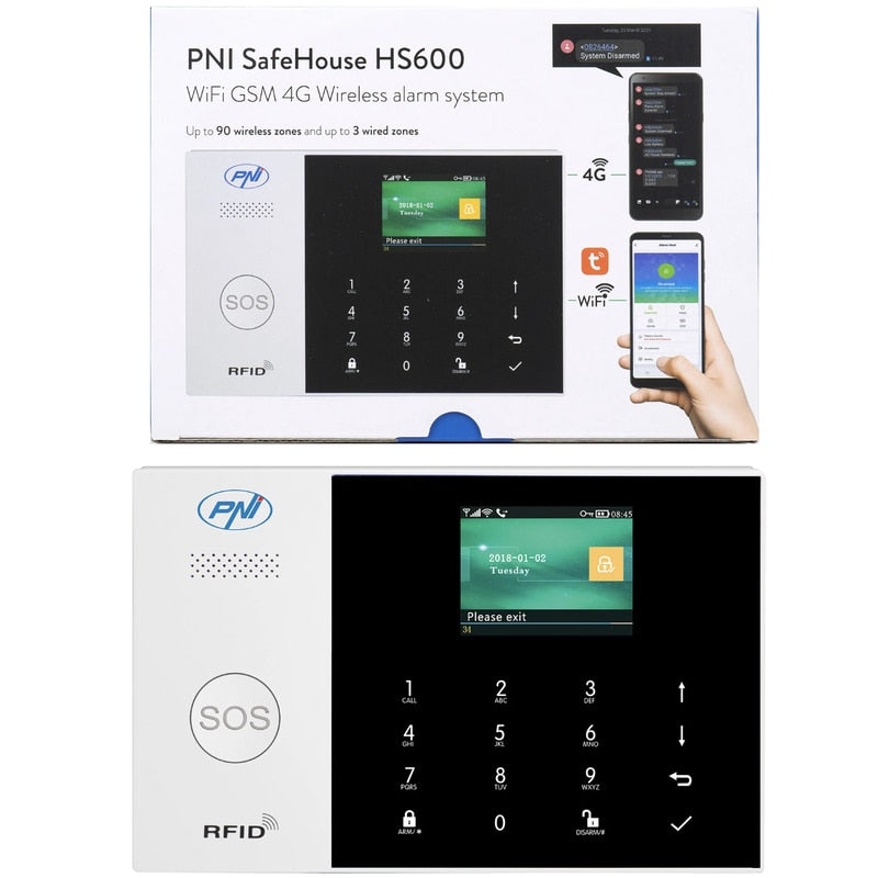 Sistem alarma wireless PNI, control Tuya, actiune 100 metri, detectie de miscare, de la -26 la +60 grade, 230V, alb si negru, IP20