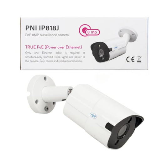 Camera de supraveghere PNI IP818J POE, 8MP, Ultra HD 4K, alb, IP66, pentru interior/exterior, senzor de mișcare