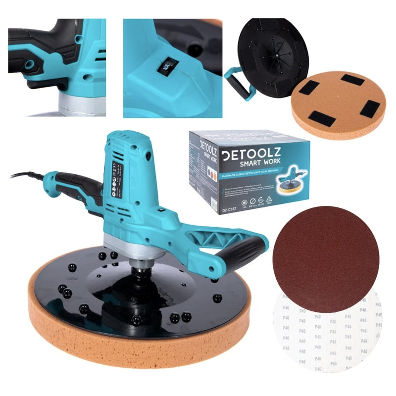 Masina de slefuit pereti, tavane din gips-carton, beton sau tencuiala umeda, Detoolz, 750 W, profesional, turatie 60–110 rpm, 4.3 kg, motor electric, IPX0, siguranta sporita cu clasa de izolare II