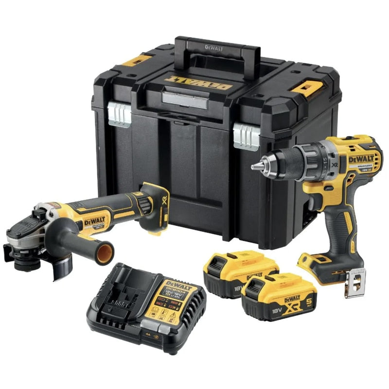 Set scule cu acumulator, DeWalt, masina de gaurit si insurubat 70Nm, mandarina rapida, 460W, 2000 rpm, cu polizor unghiular 9000 rpm, disc 125 mm, M14, cu 2 acumulatori, 18 V, 5 Ah, cu valiza
