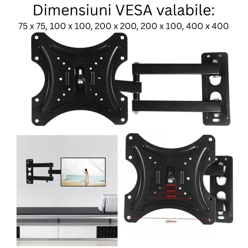 Suport de perete cu brat mobil televizor 14 – 55 inch, maxim VESA 400 x 400, unghi rotitre lateral +-90, TV sau monitor in living, dormitor, birou sau bucatarie, pentru majoritatea modelelor, NETERRA