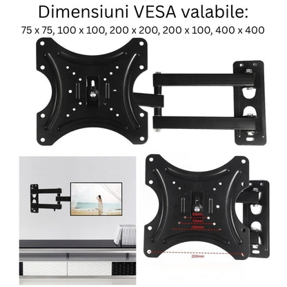 Suport de perete cu brat mobil televizor 14 – 55 inch, maxim VESA 400 x 400, unghi rotitre lateral +-90, TV sau monitor in living, dormitor, birou sau bucatarie, pentru majoritatea modelelor, NETERRA