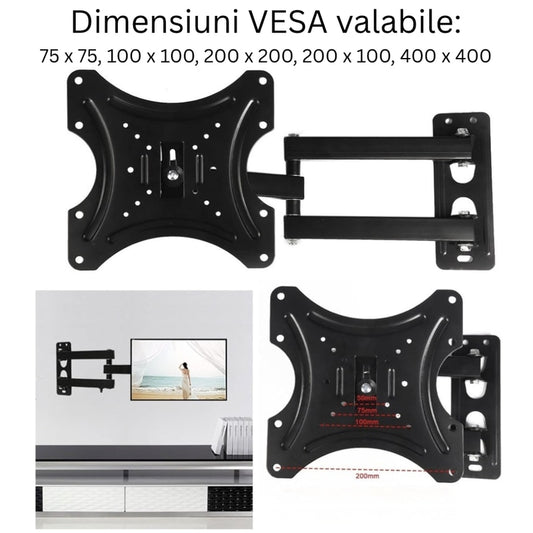 Suport de perete cu brat mobil televizor 14 – 55 inch, maxim VESA 400 x 400, unghi rotitre lateral +-90, TV sau monitor in living, dormitor, birou sau bucatarie, pentru majoritatea modelelor, NETERRA