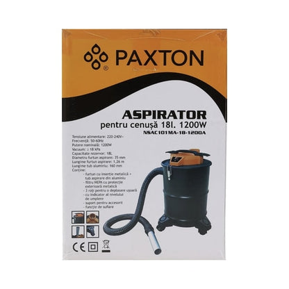 Aspirator cenusa, Paxton, 18 l, 1200 W, filtru Hepa, functie de suflare, roti pentru deplasare usoara, furtun flexibil, teava aluminiu, 3.75 kg, 230V