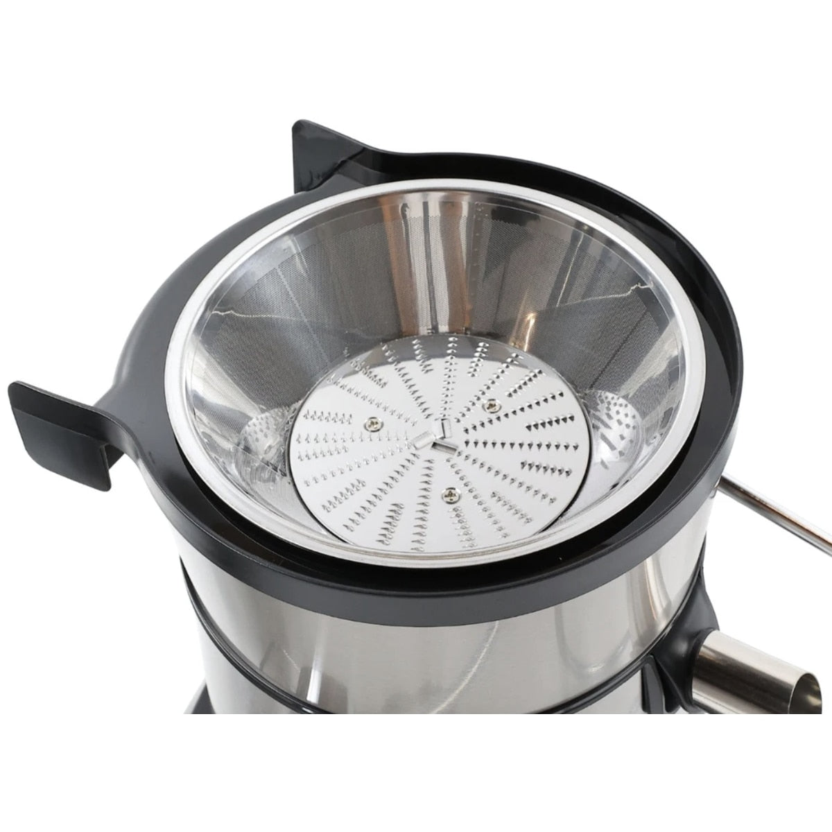 Storcator de fructe si legume, Paxton, 1000 W, 3 viteze, recipient pulpa 2 litri, recipient suc 1 litru, argintiu cu negru, otex inoxidabil, Element fixare capac, perie inclusa, 1 m, 230 V, 3.6 kg