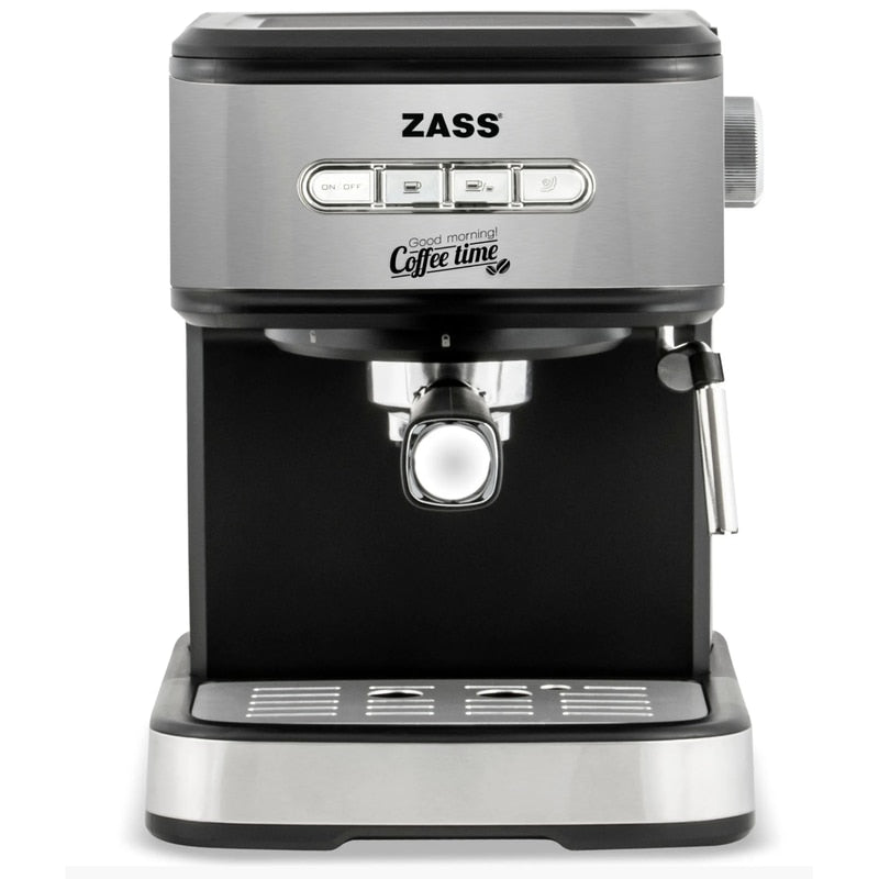 Espressor cafea Zass, cafea macinata, 20 bar, 850 W, capacitate 1.5 litri, panou de control cu 4 butoane iluminate, buton rotativ pentru controlul gradului de spumare, argintiu + negru, 76 dB