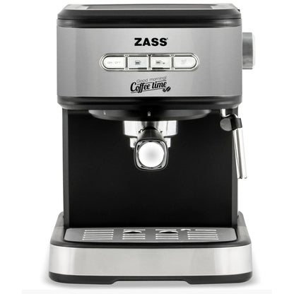 Espressor cafea Zass, cafea macinata, 20 bar, 850 W, capacitate 1.5 litri, panou de control cu 4 butoane iluminate, buton rotativ pentru controlul gradului de spumare, argintiu + negru, 76 dB