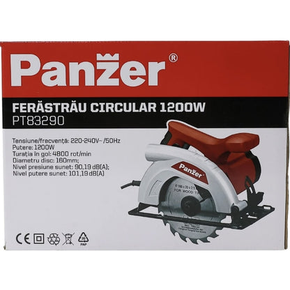 Fierastrau circular Panzer, 1200 W, 4800 rpm, diametrul 16 cm, taiere lemn, taiere la 0 sau 45 de grade, 24 dinti, 3.2 kg, cu aparatoare, 101.19 db, 230V