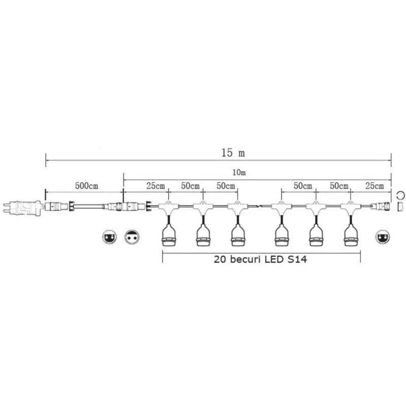 Ghirlanda luminoasa Hoff, interior, exterior, 20 x LED E27, lumina calda, 2700 K, 15 m, IP 65, durata viata 10000 h, 500 lm, 8 moduri de lumina, plug play, adaptor priza, 230 V, cauciuc + plastic