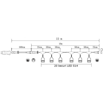 Ghirlanda luminoasa Hoff, interior, exterior, 20 x LED E27, lumina calda, 2700 K, 15 m, IP 65, durata viata 10000 h, 500 lm, 8 moduri de lumina, plug play, adaptor priza, 230 V, cauciuc + plastic