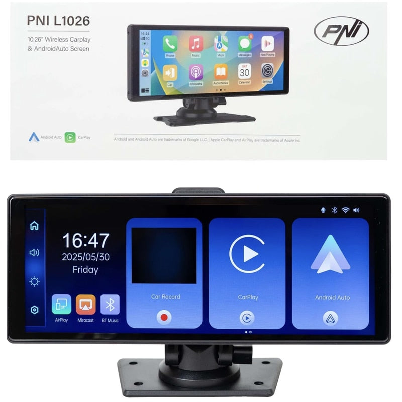 Multimedia player auto, ecran Carplay android, Apple, PNI, Bluetooth, slot card microSD, Aux in, ecran IPS tactil 10.26 inch, radio 87.5 - 108 FM transmitter, Miracast, AirPlay, camera spate, 700 g