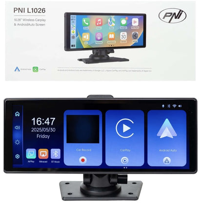 Multimedia player auto, ecran Carplay android, Apple, PNI, Bluetooth, slot card microSD, Aux in, ecran IPS tactil 10.26 inch, radio 87.5 - 108 FM transmitter, Miracast, AirPlay, camera spate, 700 g