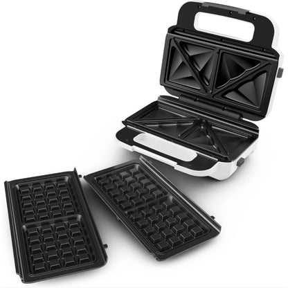 Sandwich maker, Tefal, 850 W, alb + argintiu, placi antiaderente tip triunghi + vafe, indicator luminos, maner termorezistent, dimensiune placi de lucru 26.8 x 13.7 cm, 3.37 kg, 220 V, maner rece