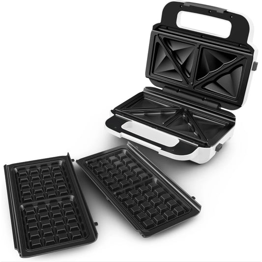 Sandwich maker, Tefal, 850 W, alb + argintiu, placi antiaderente tip triunghi + vafe, indicator luminos, maner termorezistent, dimensiune placi de lucru 26.8 x 13.7 cm, 3.37 kg, 220 V, maner rece