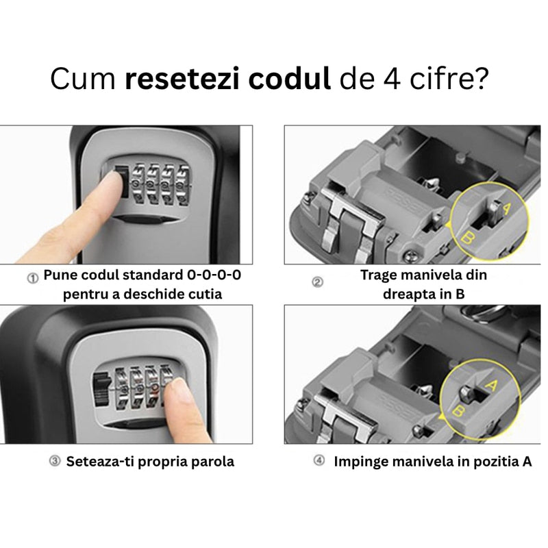 Cutie pentru Chei, NETERRA, montaj pe perete, Aliaj de Aluminiu, cu Cod Mecanic din 4 Cifre, spatiu generos, Impermeabila, IP 44, protectie exterior, 11, 5 × 9, 5 × 4 cm, Negru gri