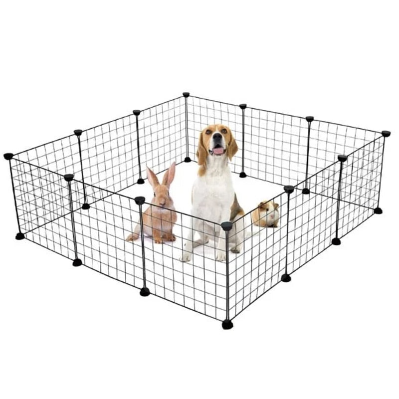 Tarc modular pentru animale mici si medii: iepuri, hamsteri, porcusori, pui, pisici, caini, 12 panouri 35 x 35 cm, constructie personalizata, interior, exterior, montaj rapid, metal, negru, NETERRA