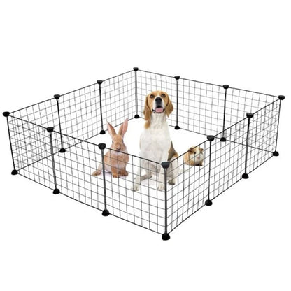 Tarc modular pentru animale mici si medii: iepuri, hamsteri, porcusori, pui, pisici, caini, 12 panouri 35 x 35 cm, constructie personalizata, interior, exterior, montaj rapid, metal, negru, NETERRA