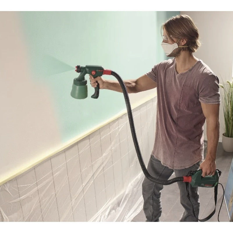 Pistol de vopsit electric, Bosch, 440 W, furtun 1.3 m, 230 V, rezervor 0.8 l, din plastic rezistent, portabil si usor de manevrat, 2 kg, 200 ml / min, curea, palnie, duza pentru vopsele de perete