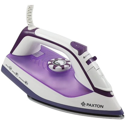 Fier de calcat Paxton, 2500 W, talpa ceramica, 0.3 l, 0.8 g/min, sistem auto-curatare, termostat reglabil, abur vertical, sistem anti-calcar, sistem anti-picurare, alb cu mov, cablu 1.9 m, 1.3 kg