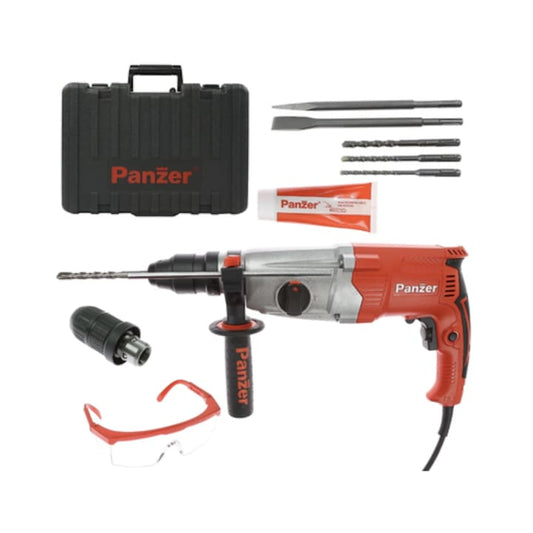 Ciocan rotopercutor Panzer, 900 W, cu cablu, SDS plus, cu valiza, 1 mandrina rapida, 3 burghie, 1 dalta si 1 spit