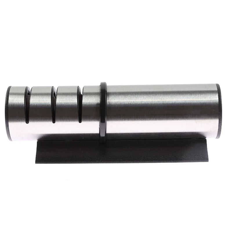 Dispozitiv pentru ascutit cutite, prelungeste durata de folosire, 3 sloturi: brut, mediu si fin, repetitie de 3-5 ori, 18.1 x 6.8 x 4.8 cm, 0.21 kg, inox si ceramica, argintiu, pentru orice bucatarie